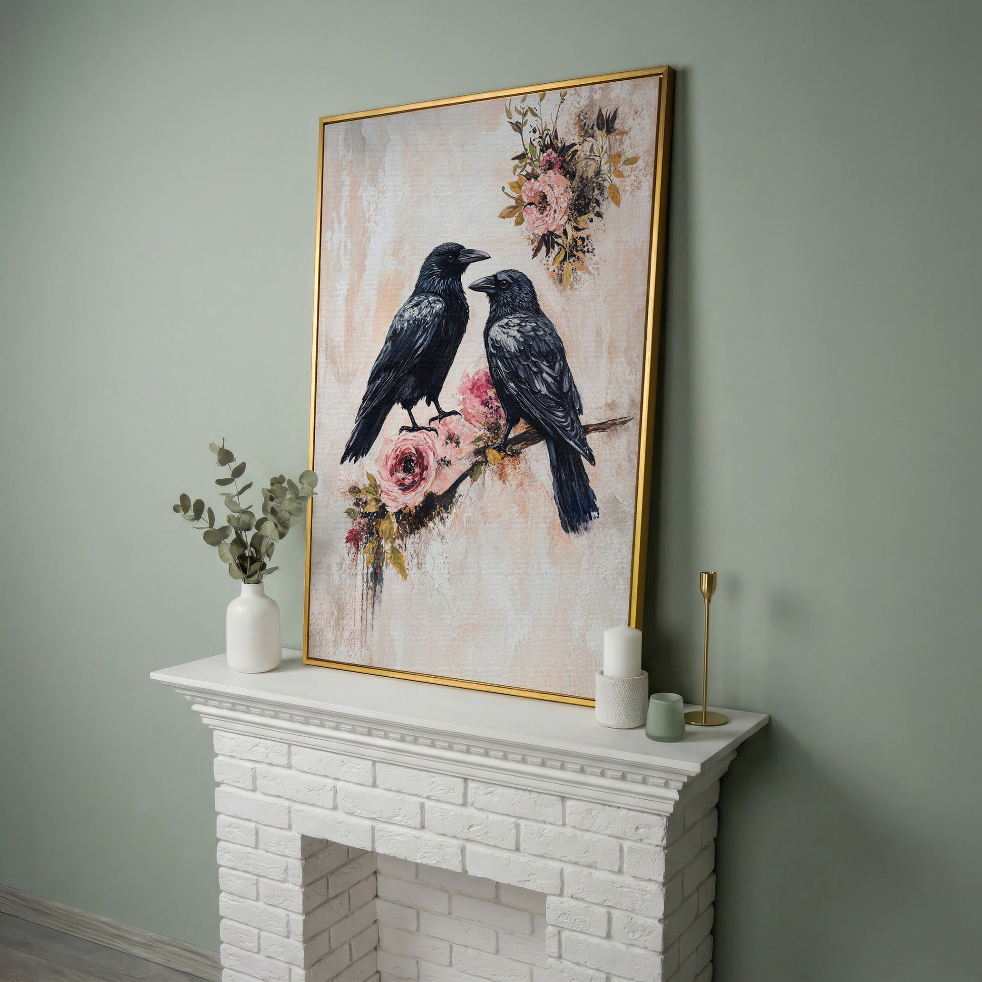 Raven and Crow on Floral Branch Canvas in yellow gold floating frame