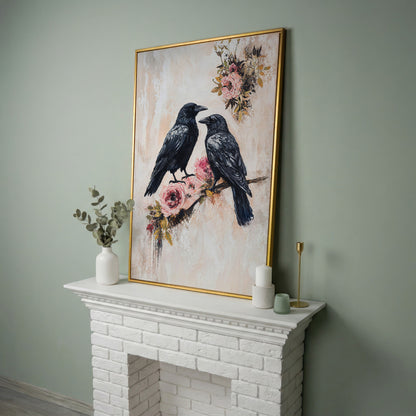 Raven and Crow on Floral Branch Canvas in yellow gold floating frame