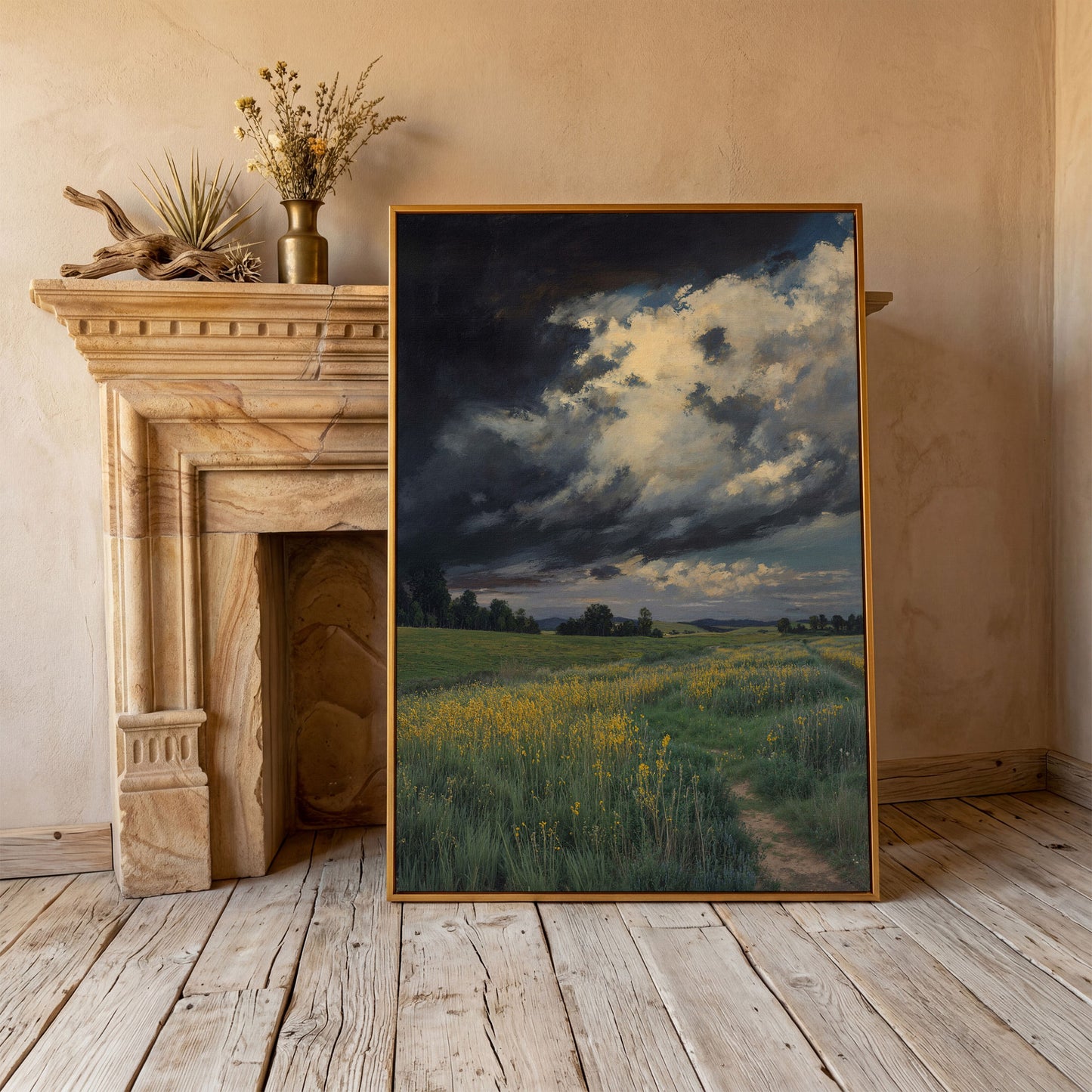 Stormy Sky Over Open Green Field Canvas in antique gold floating frame