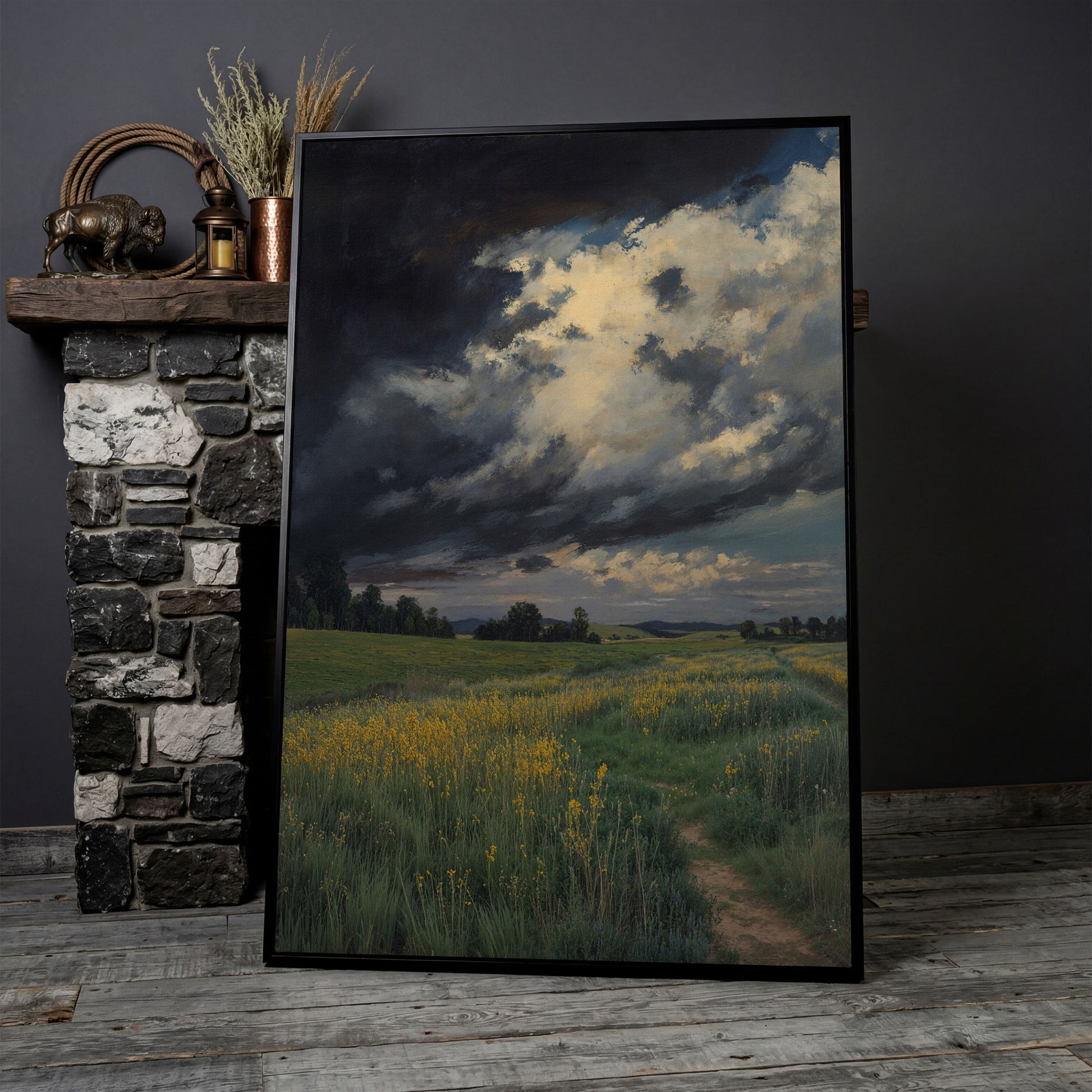 Stormy Sky Over Open Green Field Canvas in black floating frame