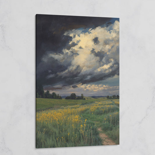 Stormy Sky Over Open Green Field Canvas on gallery wrap