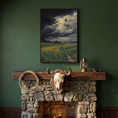 Stormy Sky Over Open Green Field Canvas in dark walnut floating frame