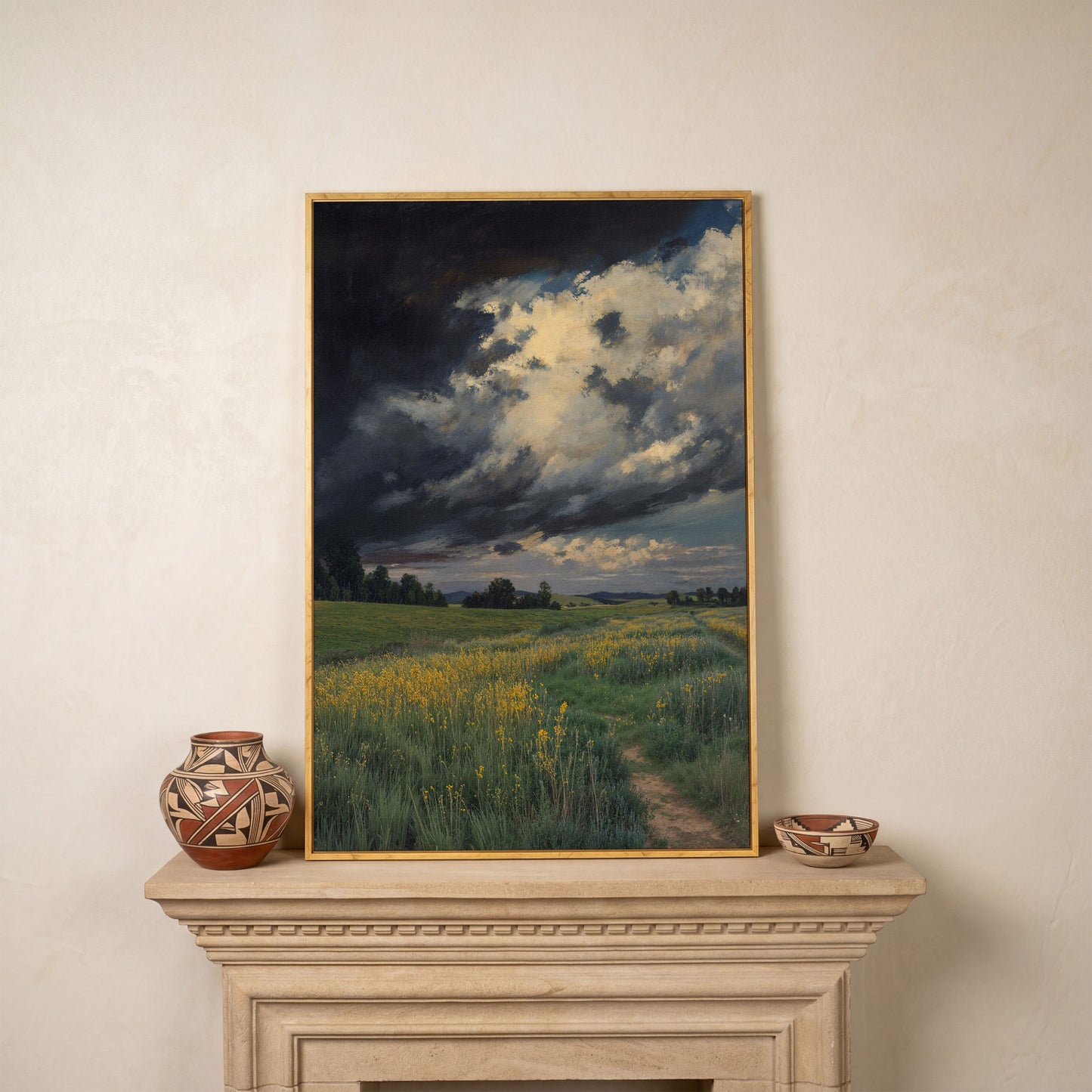 Stormy Sky Over Open Green Field Canvas in white oak floating frame