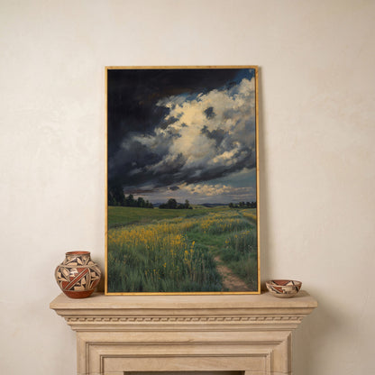 Stormy Sky Over Open Green Field Canvas in white oak floating frame