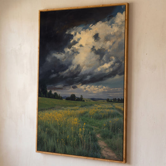 Stormy Sky Over Open Green Field Canvas shown in white oak floating frame