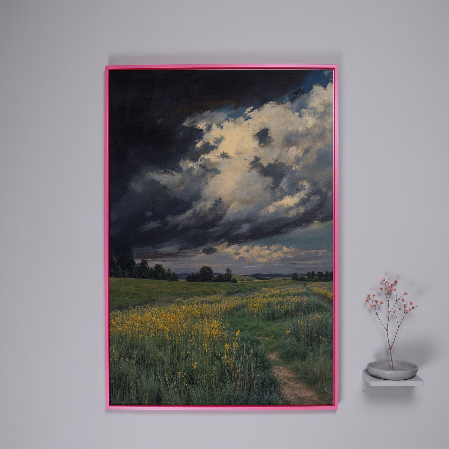 Stormy Sky Over Open Green Field Canvas in pink floating frame