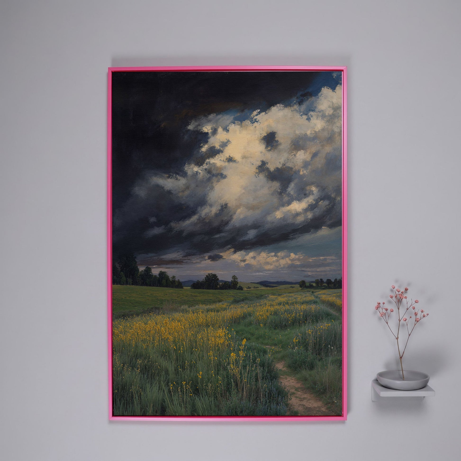 Stormy Sky Over Open Green Field Canvas in pink floating frame