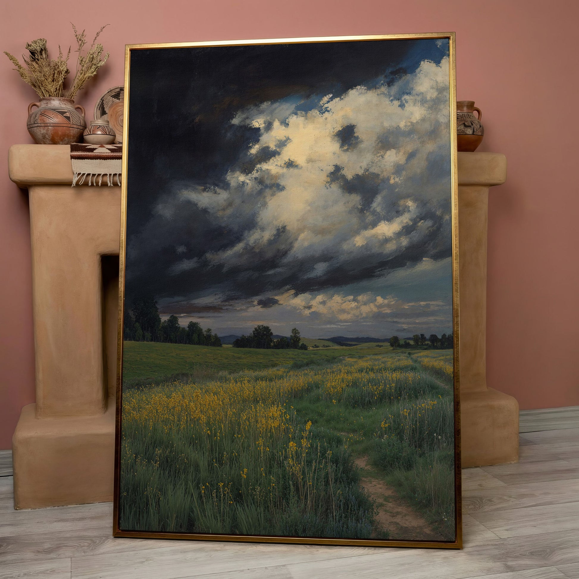 Stormy Sky Over Open Green Field Canvas in rose gold floating frame