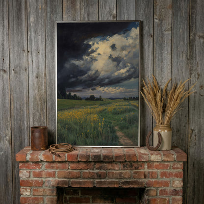 Stormy Sky Over Open Green Field Canvas in silver floating frame