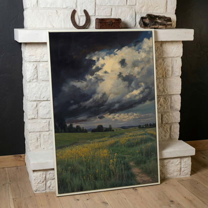 Stormy Sky Over Open Green Field Canvas in white floating frame