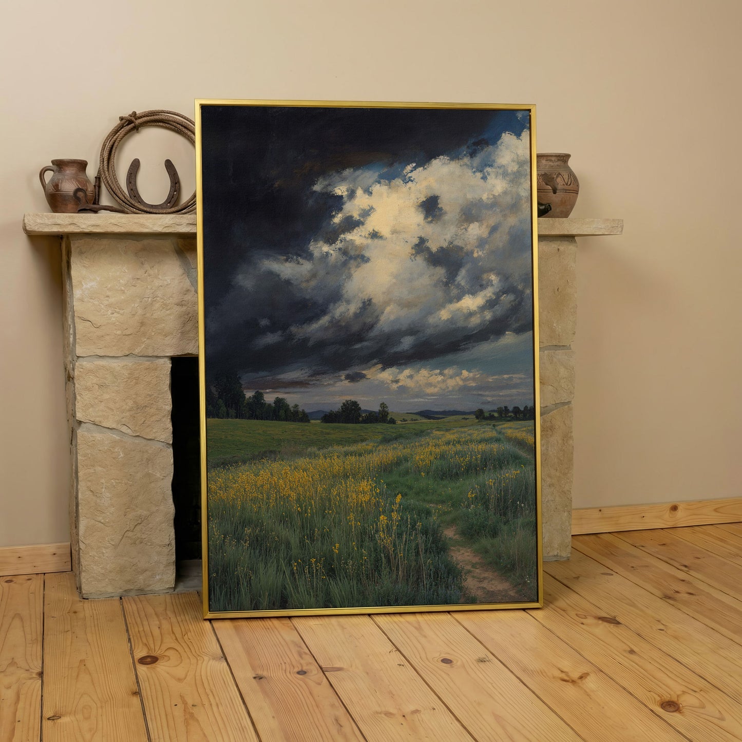 Stormy Sky Over Open Green Field Canvas in yellow gold floating frame