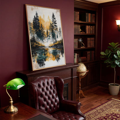Autumn Forest Lake Reflection Canvas Wall Art in antique gold floating frame