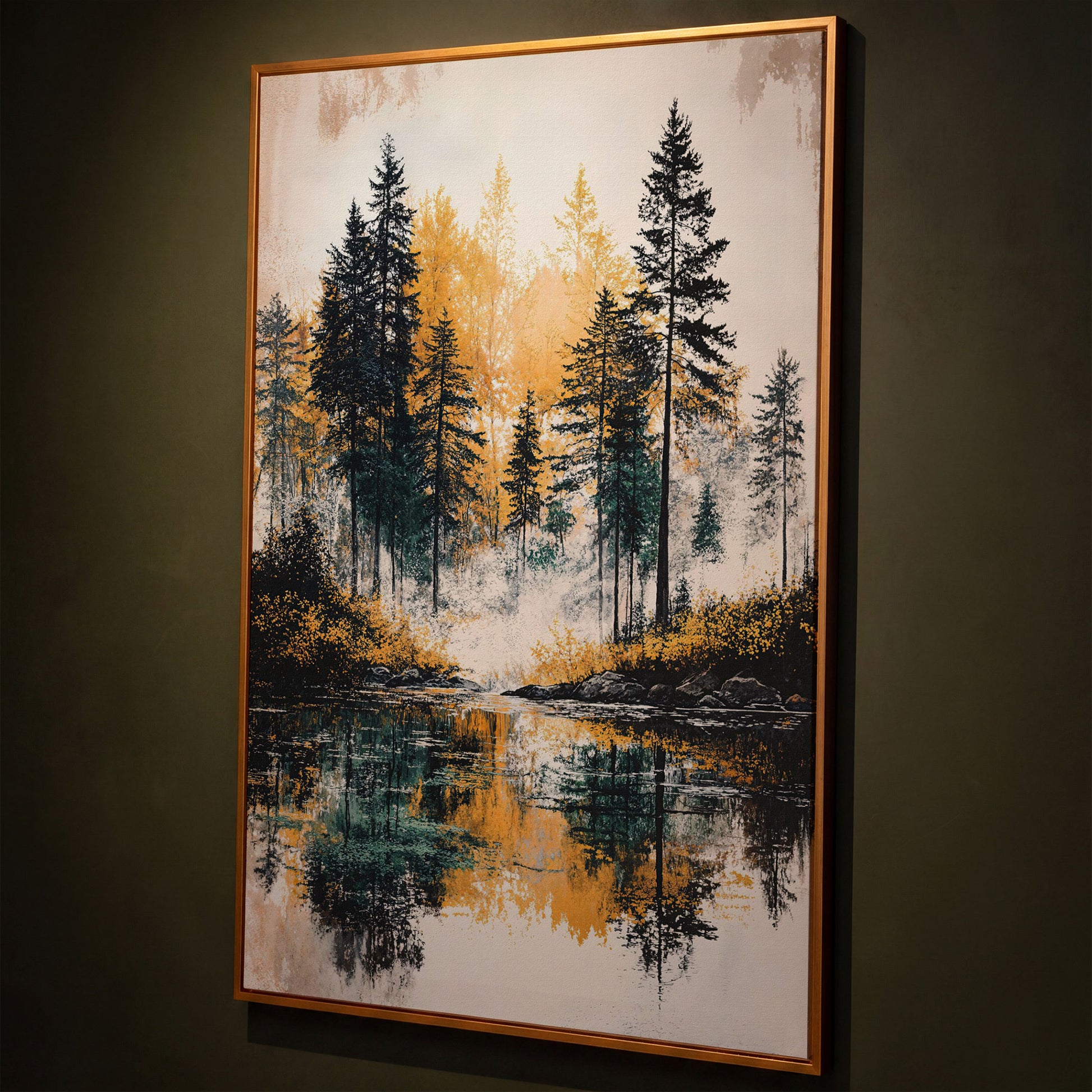 Autumn Forest Lake Reflection Canvas Wall Art shown in antique gold floating frame