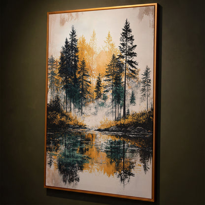 Autumn Forest Lake Reflection Canvas Wall Art shown in antique gold floating frame