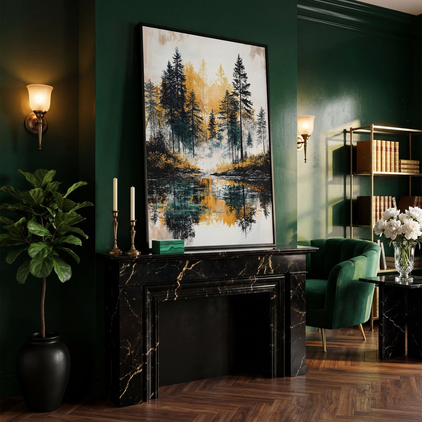Autumn Forest Lake Reflection Canvas Wall Art in black floating frame