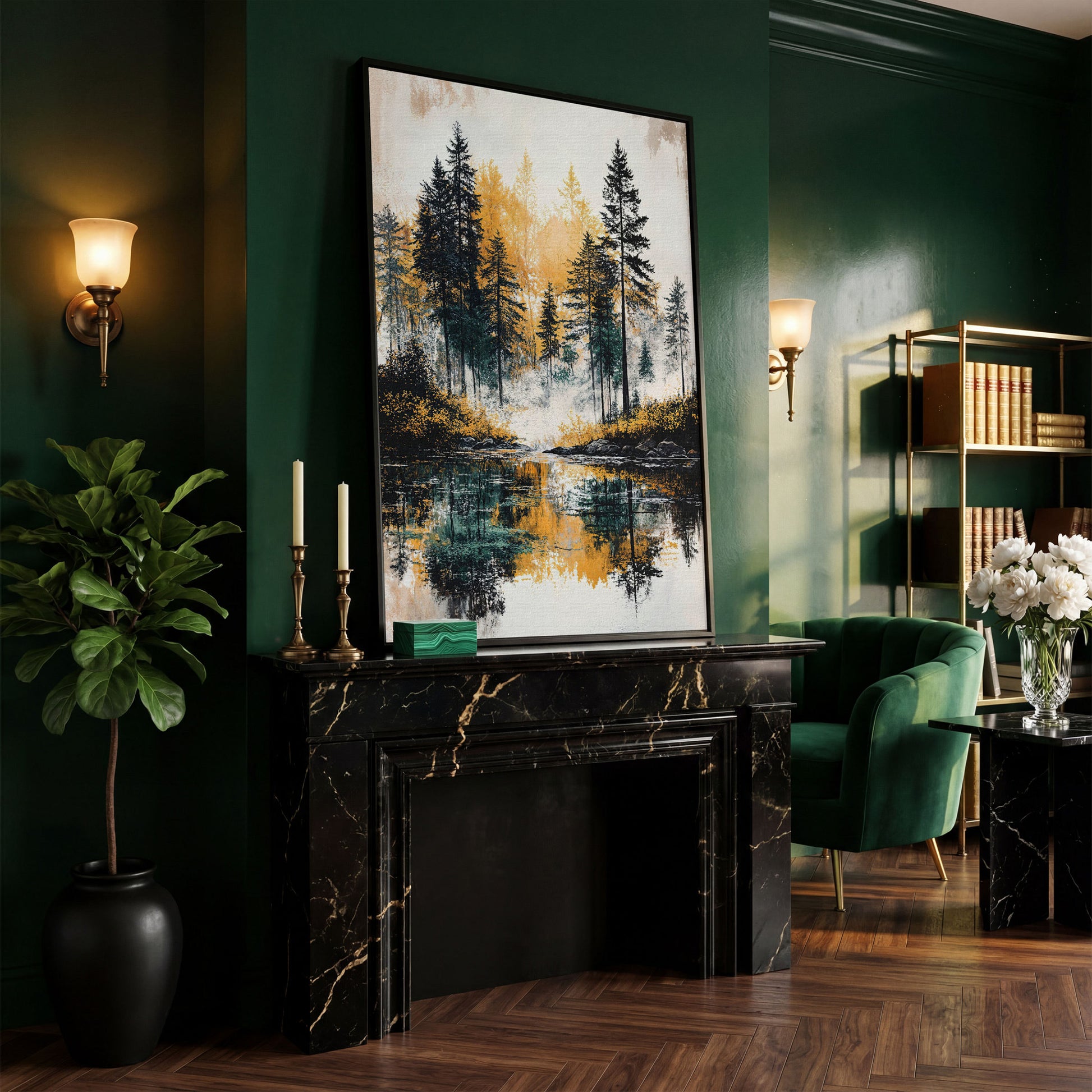 Autumn Forest Lake Reflection Canvas Wall Art in black floating frame