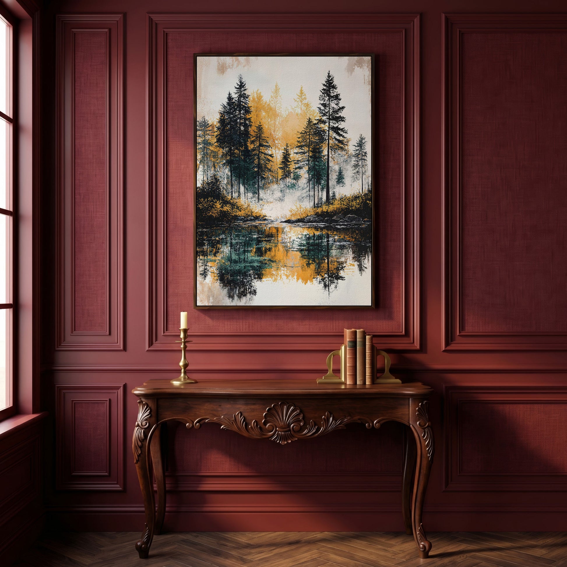Autumn Forest Lake Reflection Canvas Wall Art in dark walnut floating frame