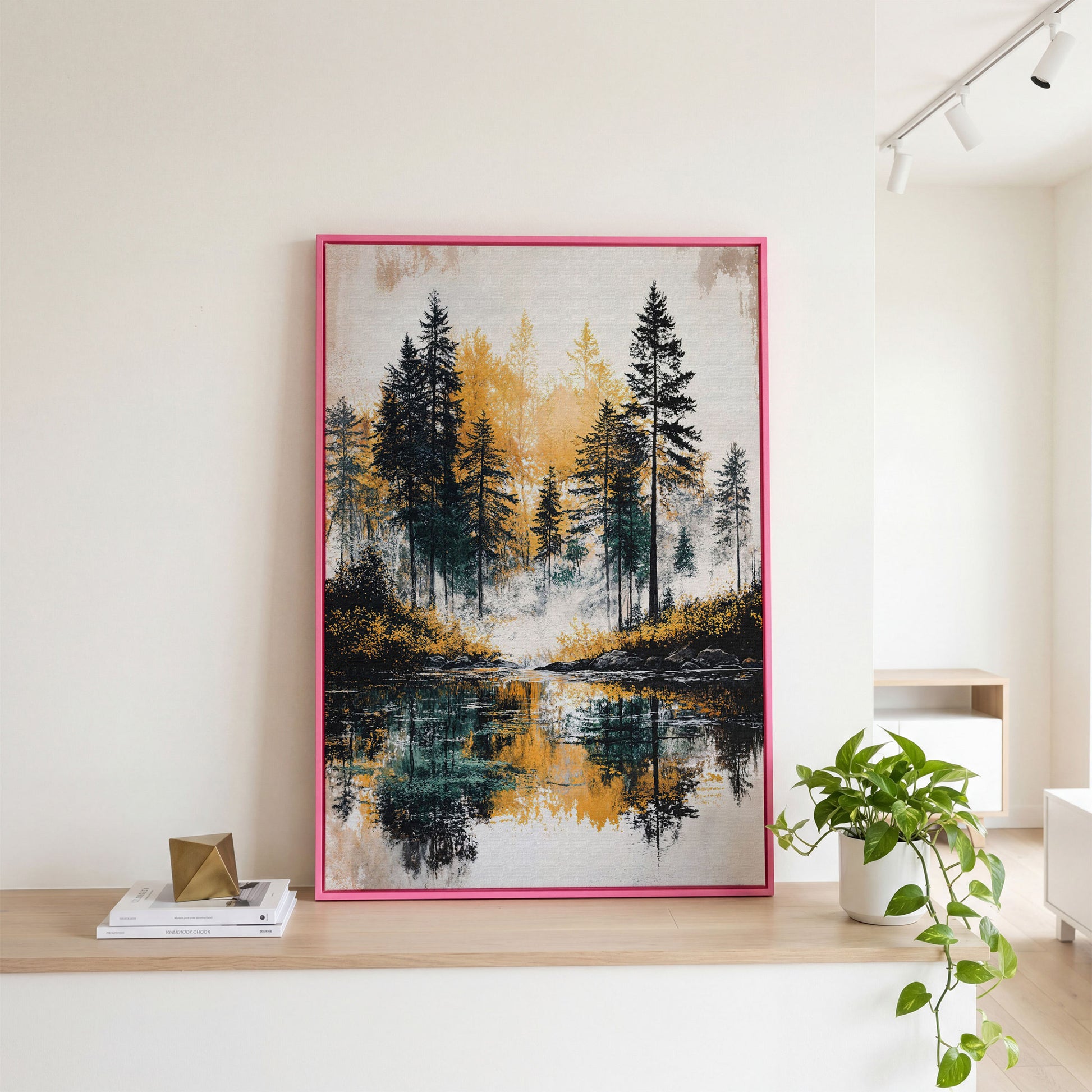 Autumn Forest Lake Reflection Canvas Wall Art in pink floating frame