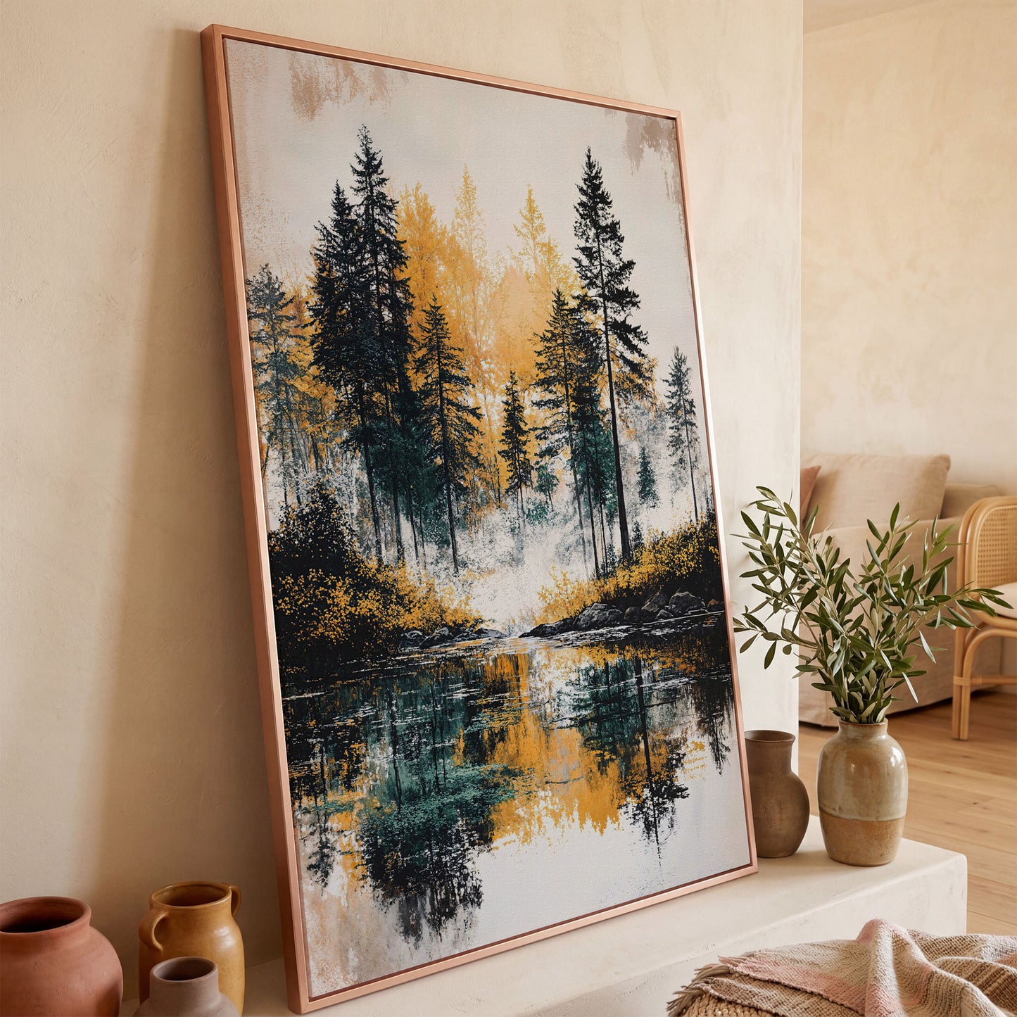 Autumn Forest Lake Reflection Canvas Wall Art in rose gold floating frame