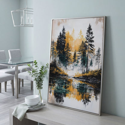 Autumn Forest Lake Reflection Canvas Wall Art in silver floating frame