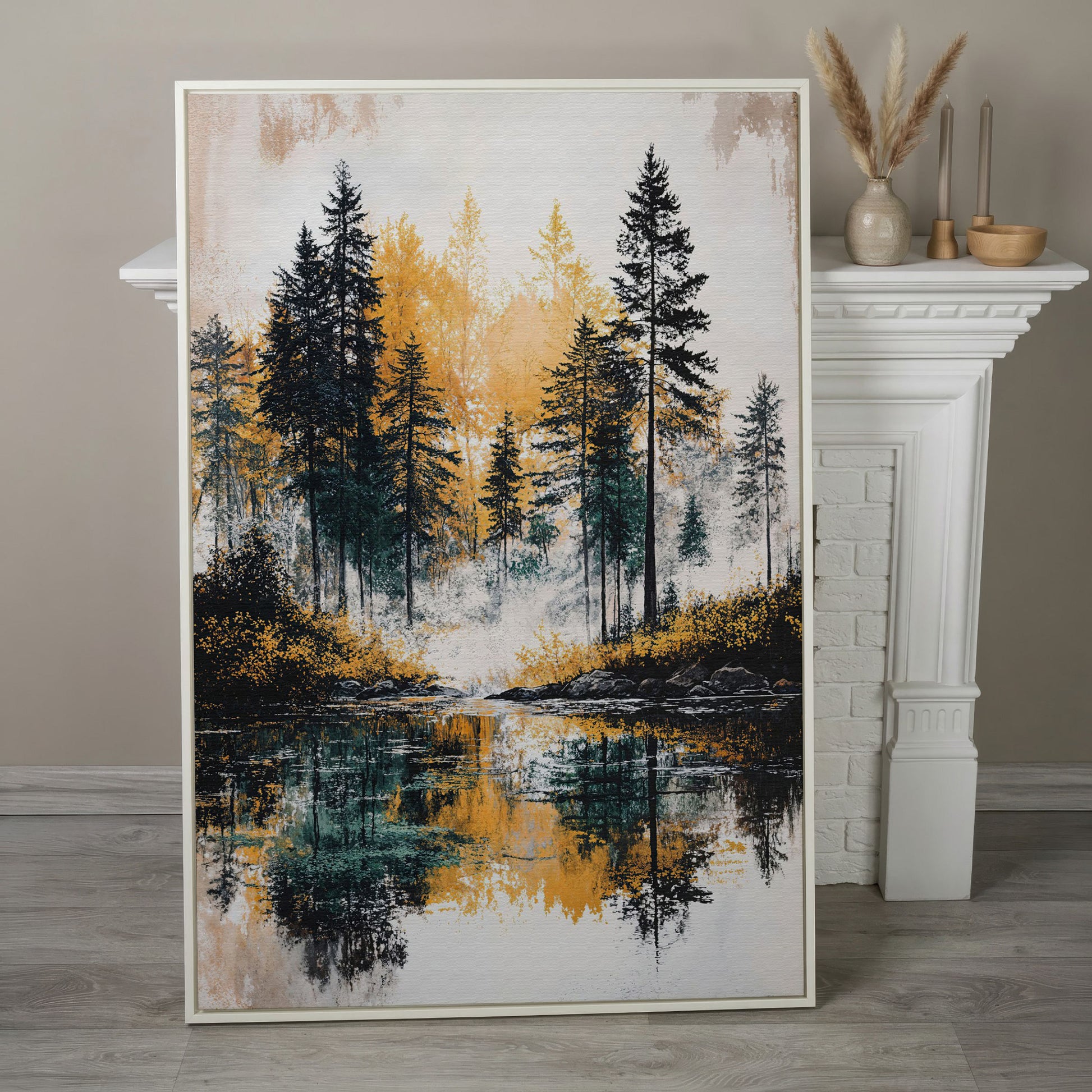Autumn Forest Lake Reflection Canvas Wall Art in white floating frame
