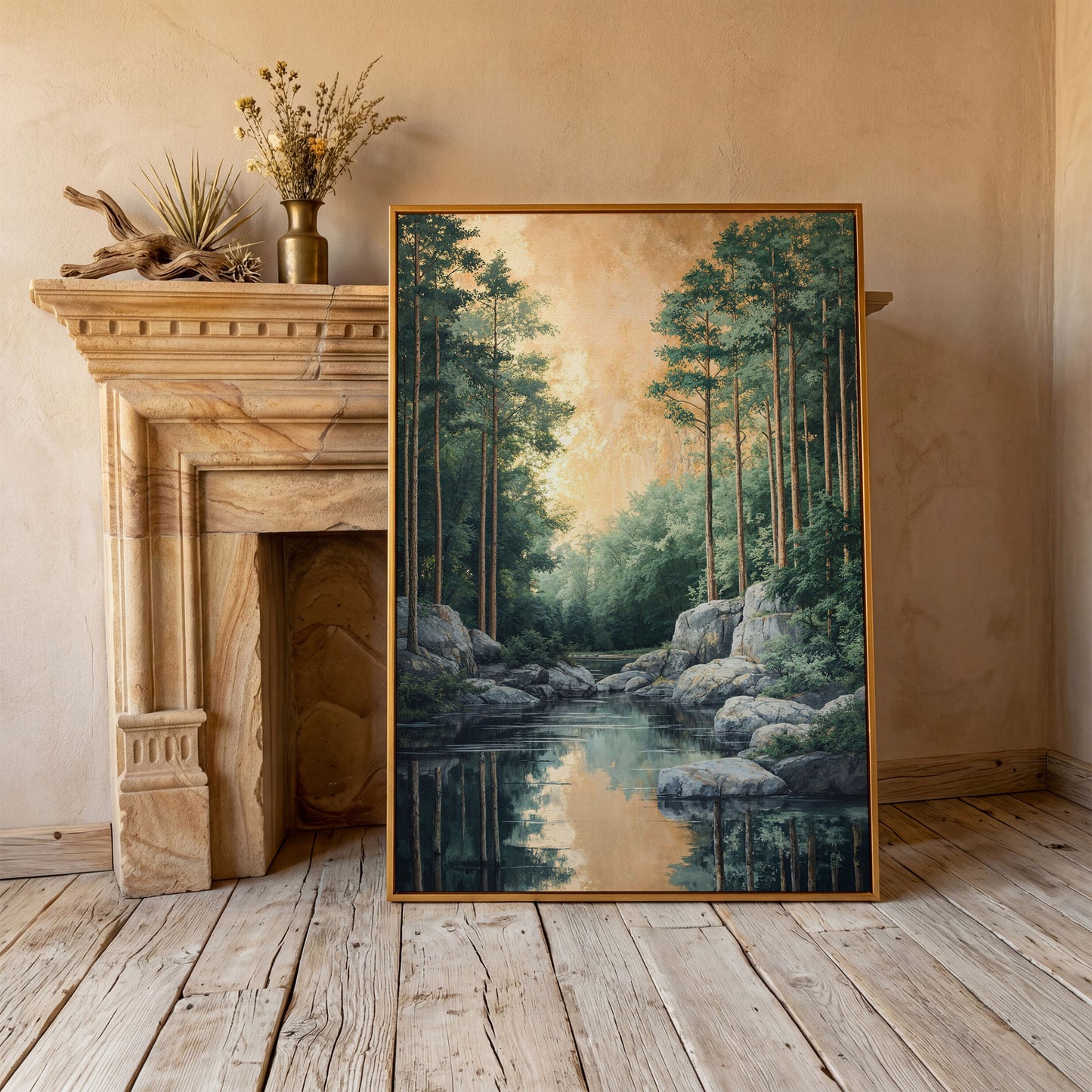 River and Forest Canvas Print in antique gold floating frame