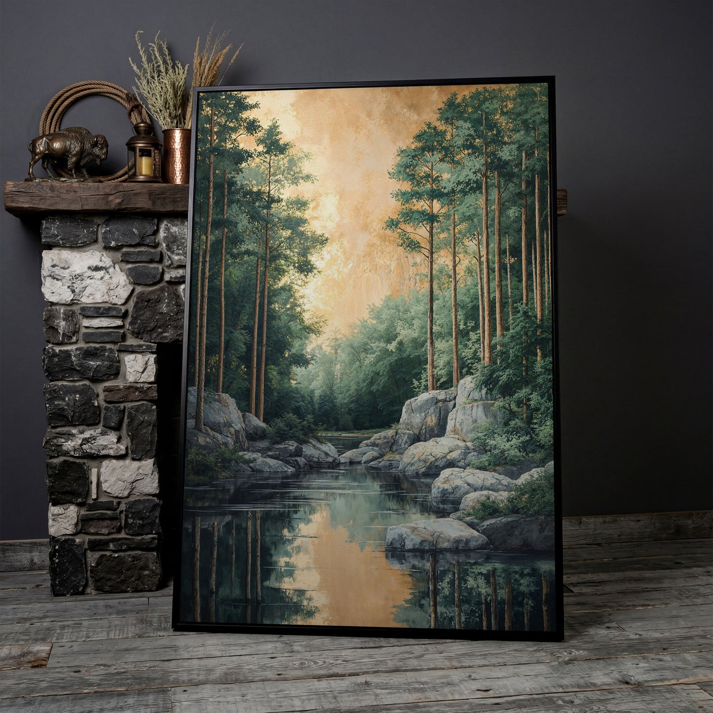 River and Forest Canvas Print in black floating frame