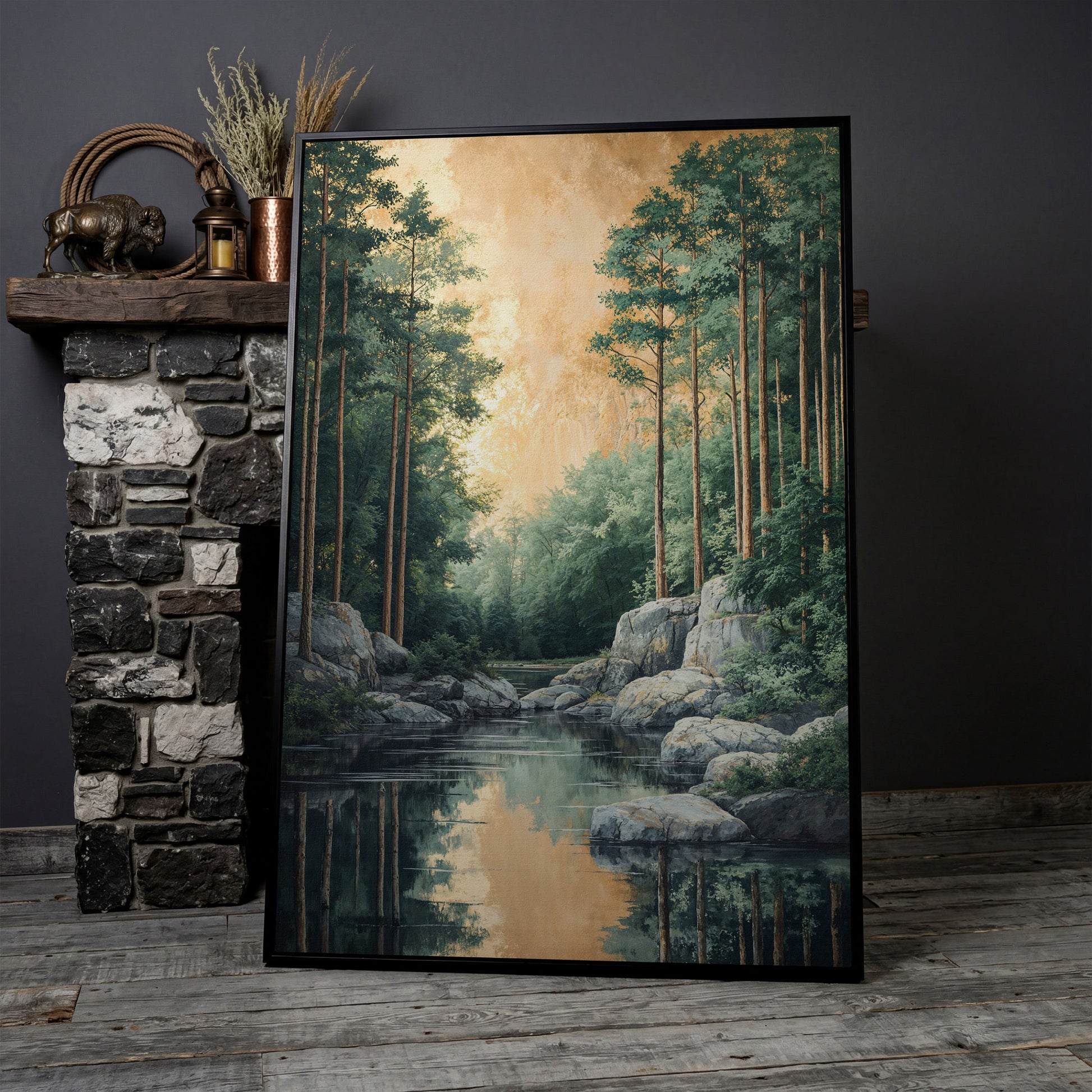 River and Forest Canvas Print in black floating frame