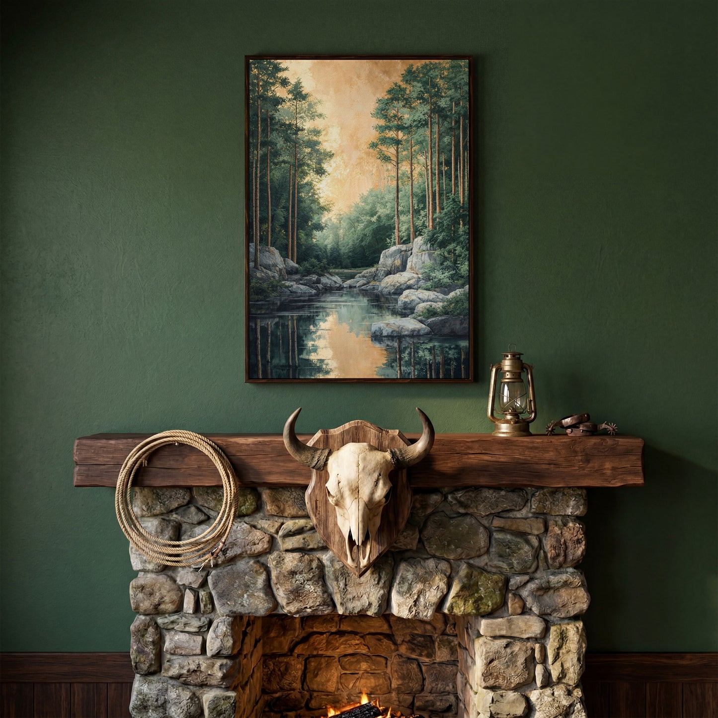 River and Forest Canvas Print in dark walnut floating frame