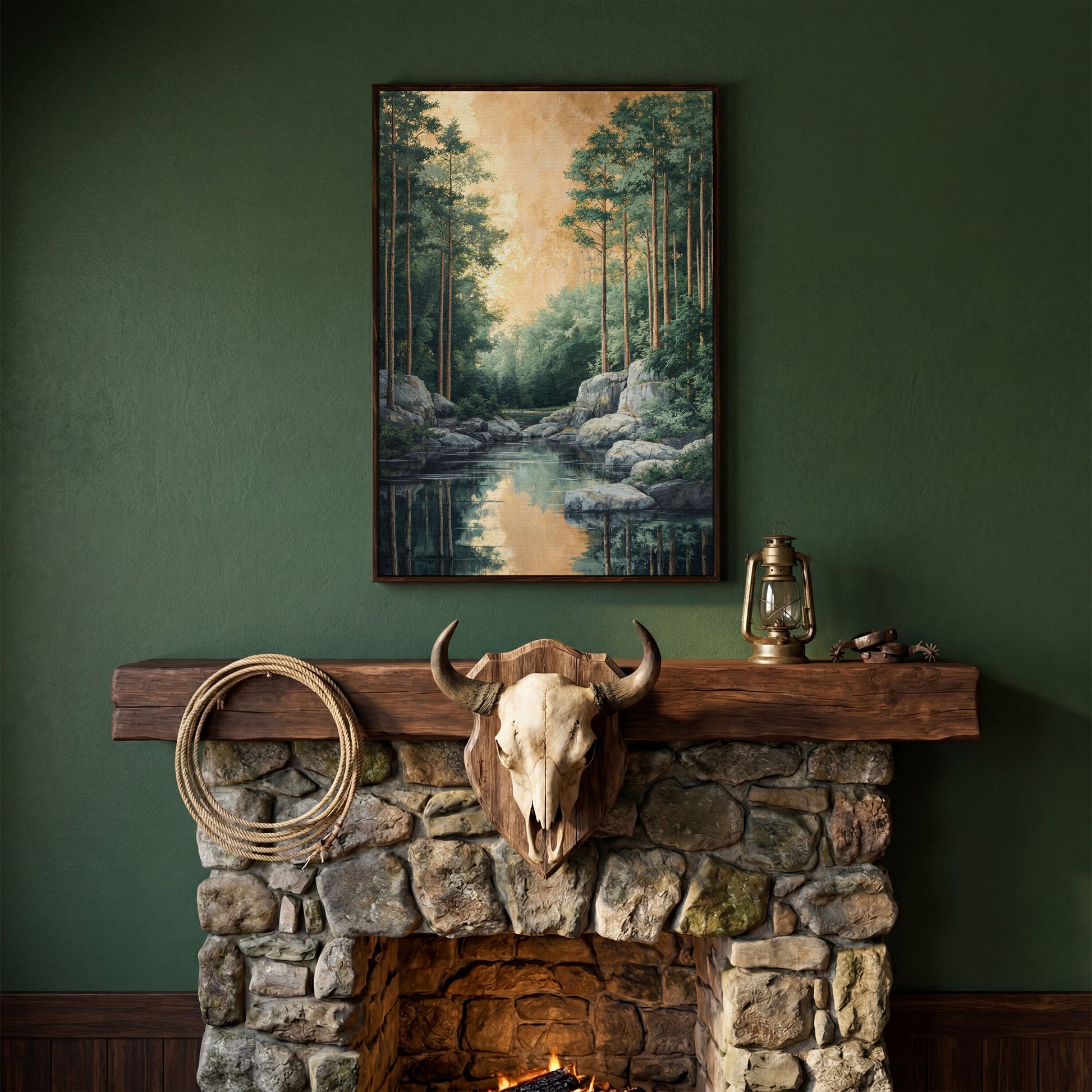 River and Forest Canvas Print in dark walnut floating frame