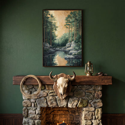 River and Forest Canvas Print in dark walnut floating frame