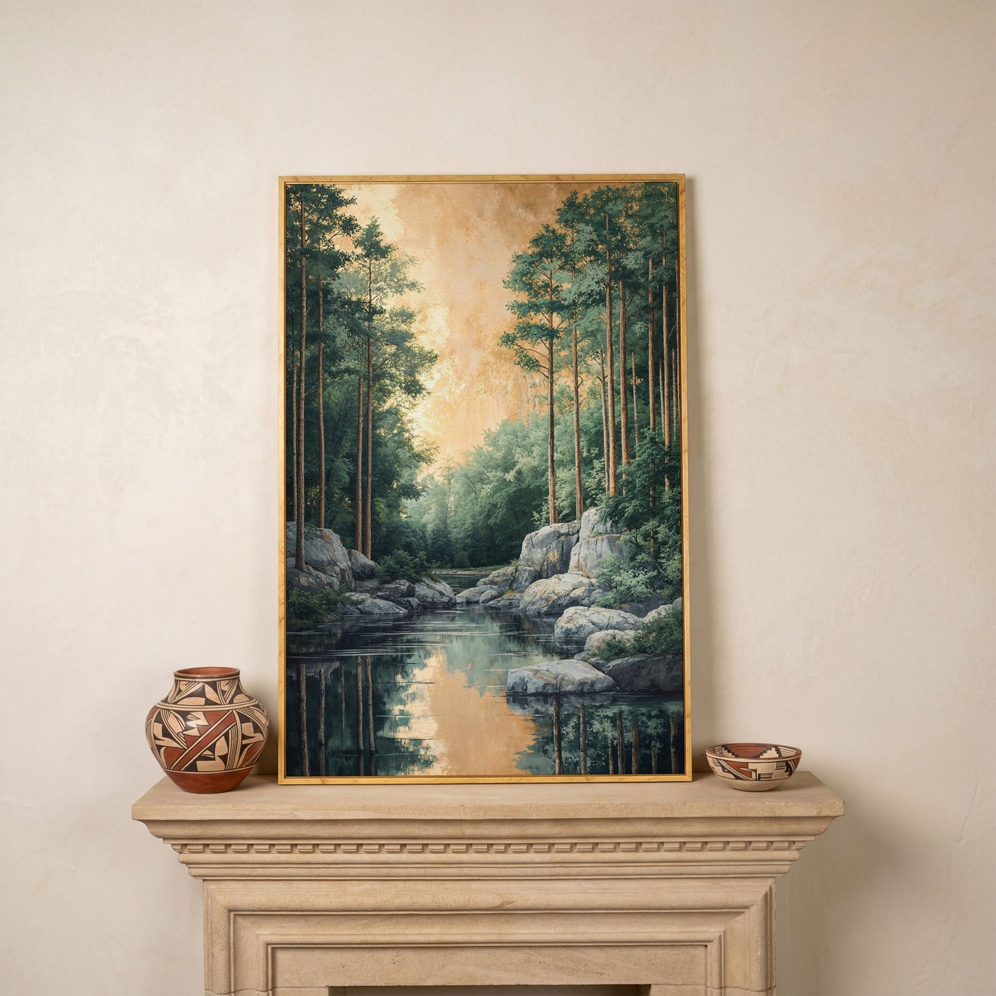 River and Forest Canvas Print in white oak floating frame