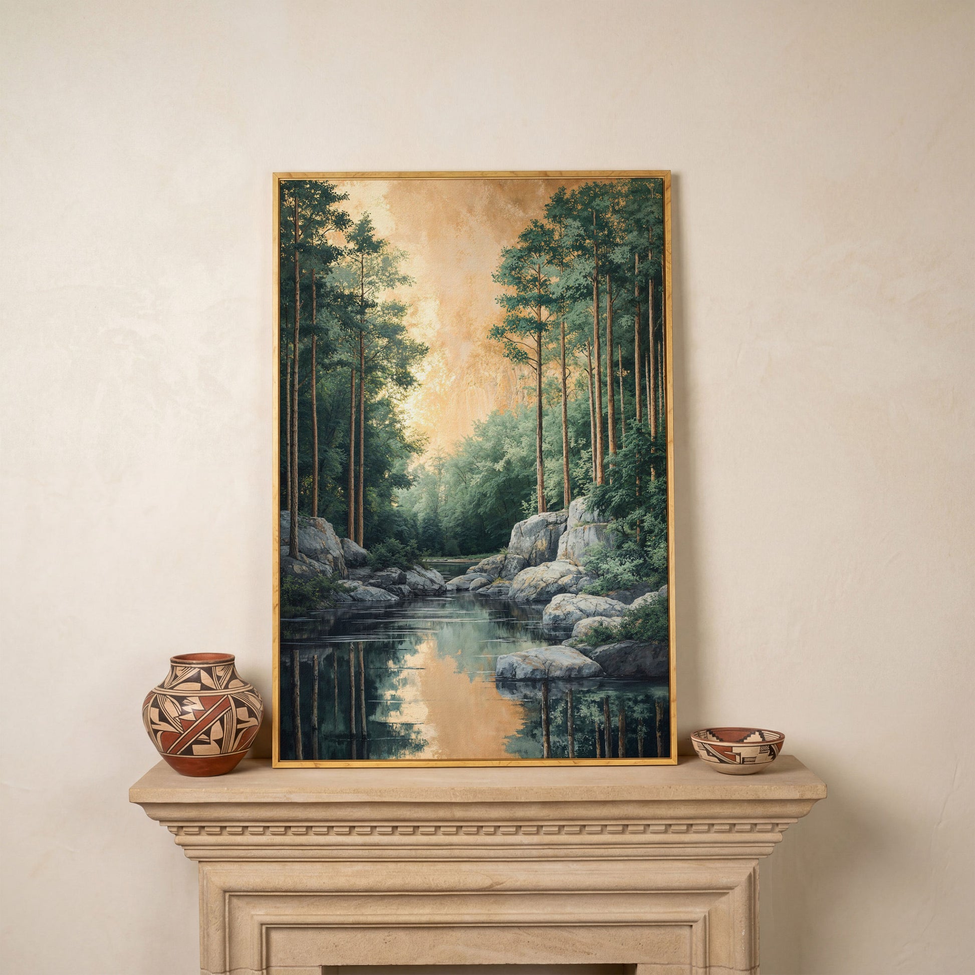 River and Forest Canvas Print in white oak floating frame