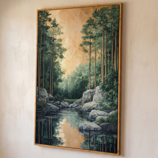 River and Forest Canvas Print shown in white oak floating frame