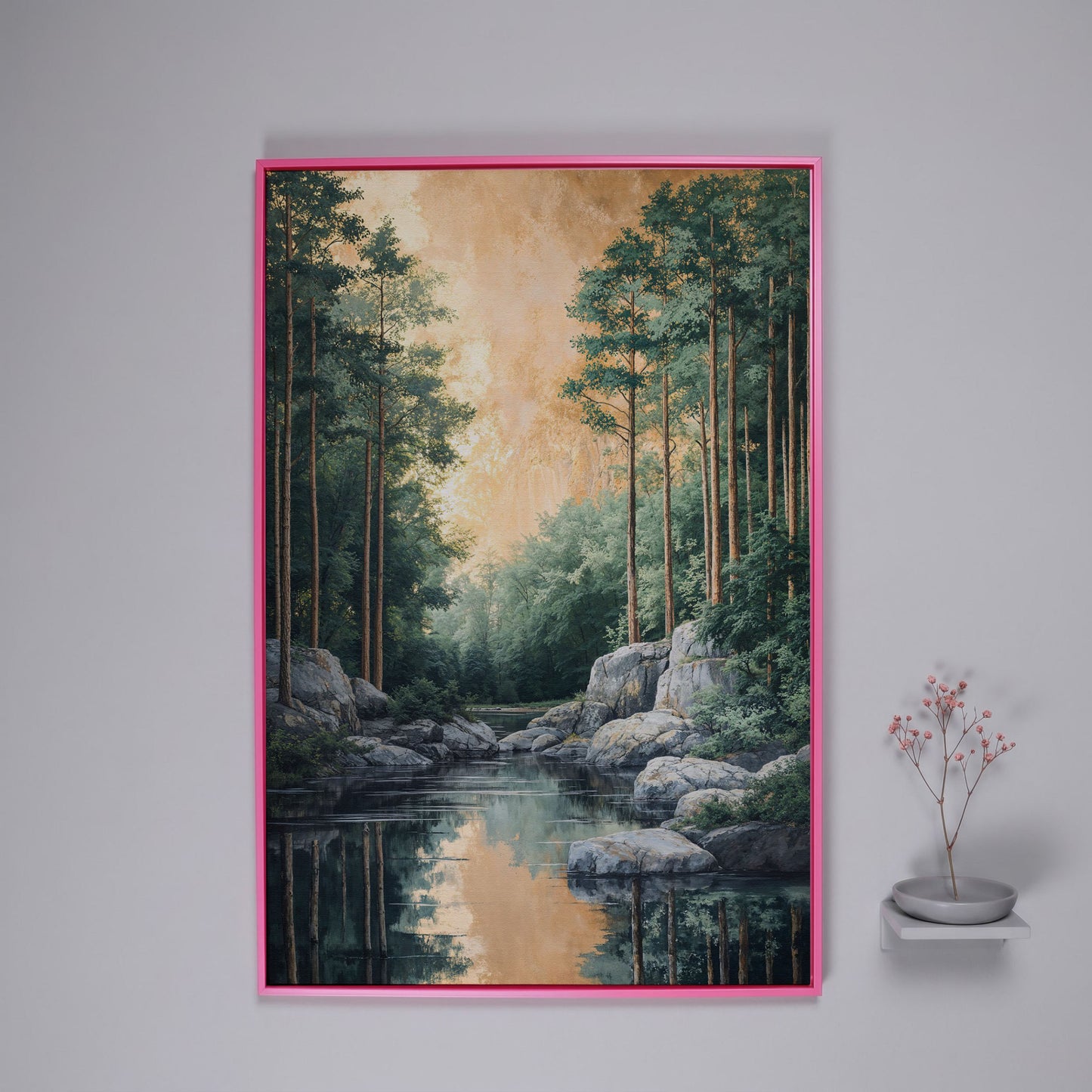 River and Forest Canvas Print in pink floating frame
