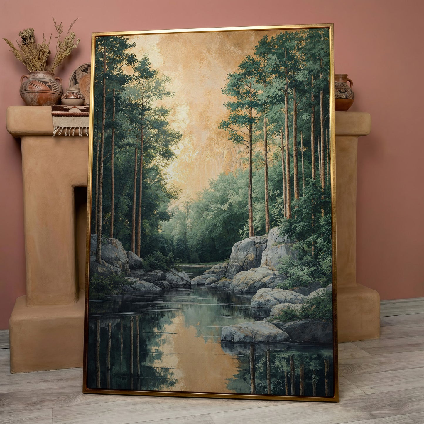 River and Forest Canvas Print in rose gold floating frame