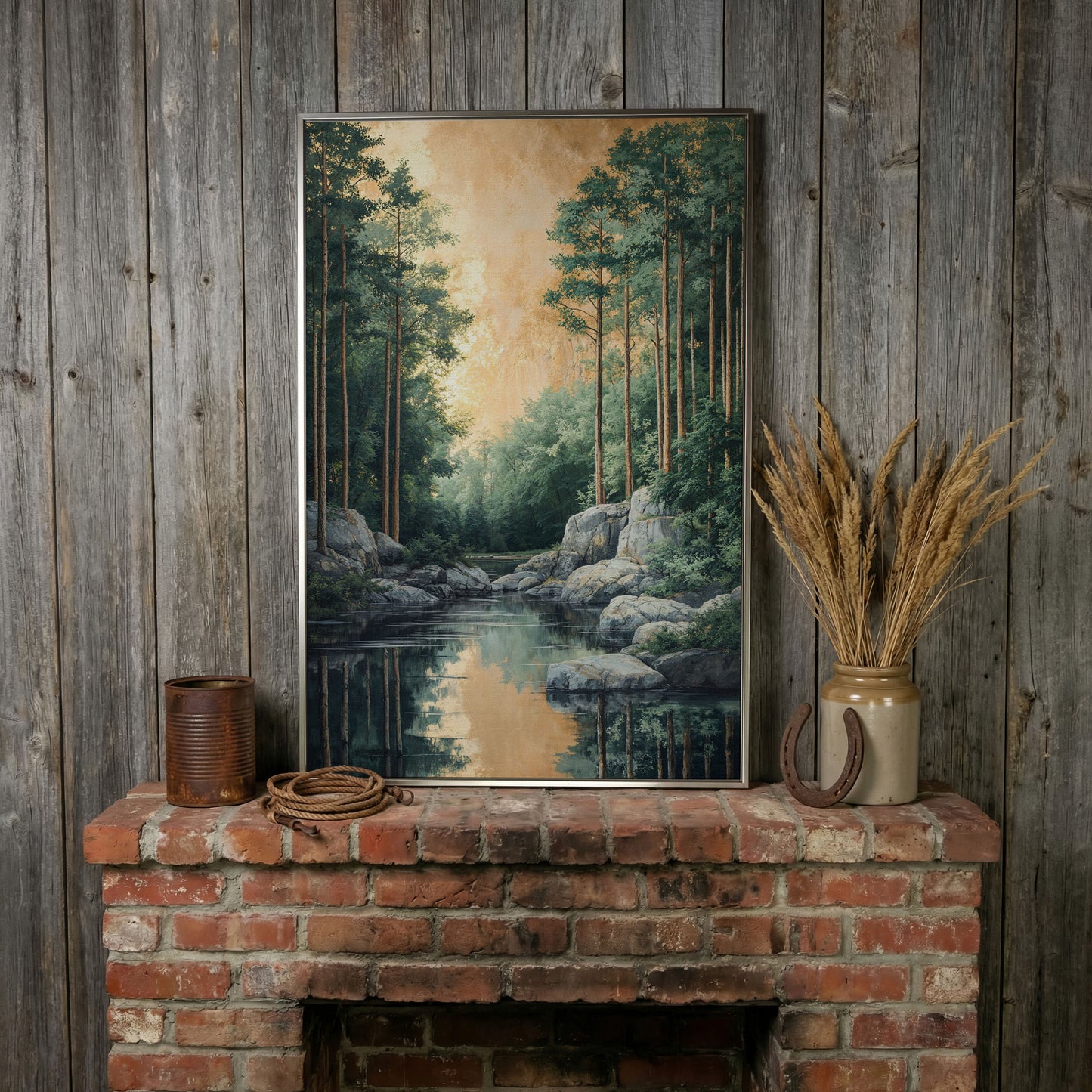 River and Forest Canvas Print in silver floating frame