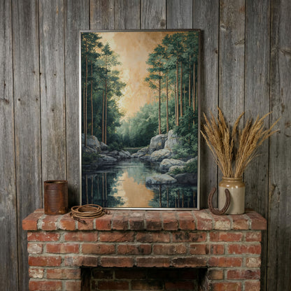 River and Forest Canvas Print in silver floating frame