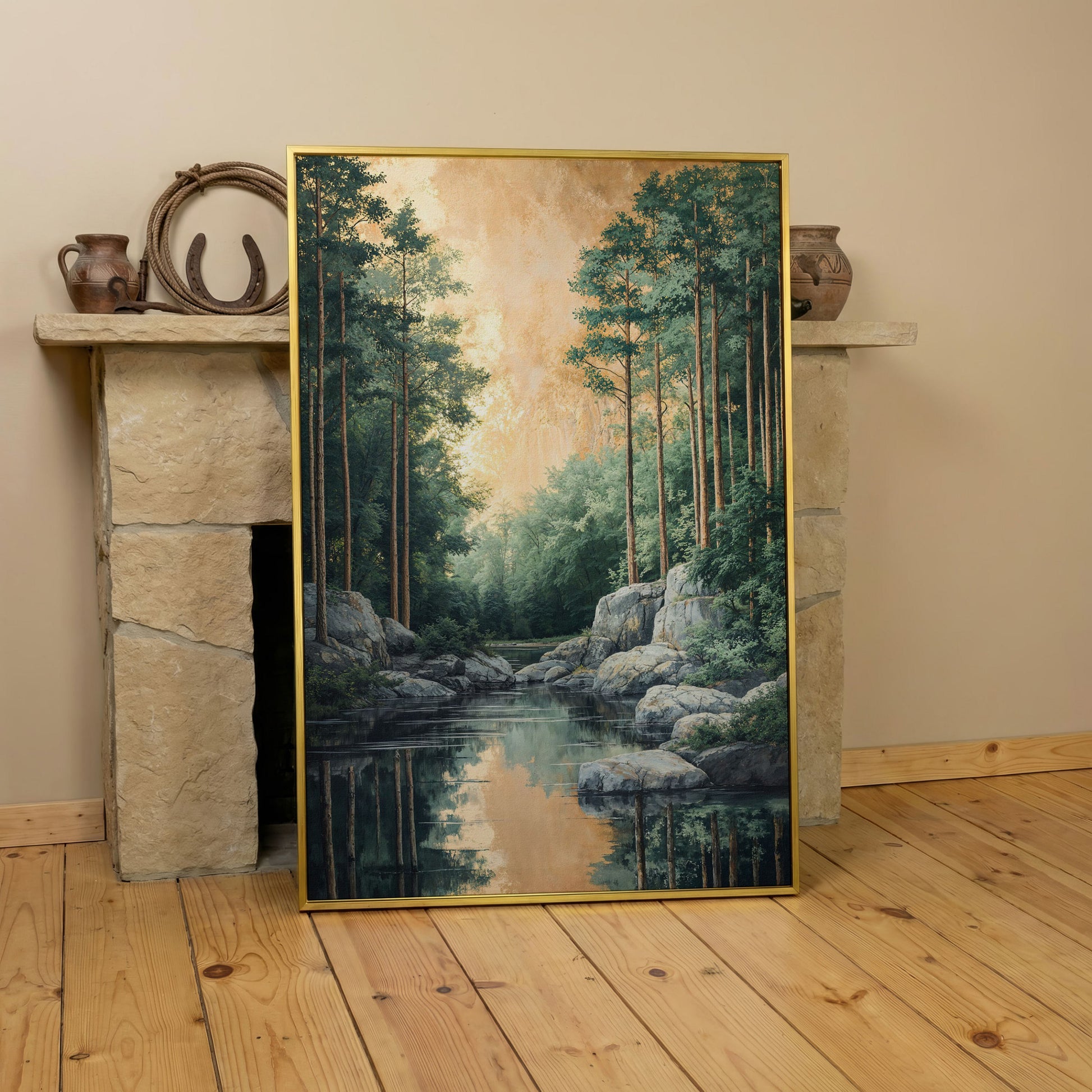River and Forest Canvas Print in yellow gold floating frame