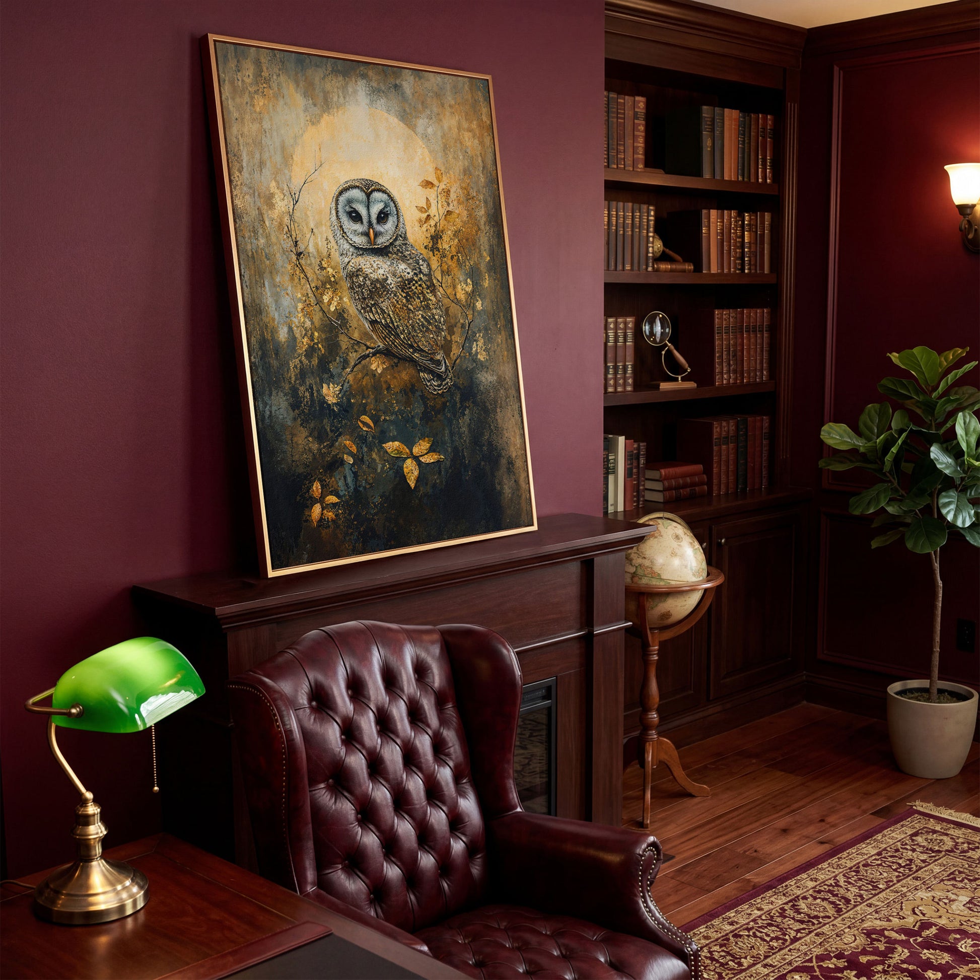 Owl on a Branch Canvas Art with Abstract Moon Background in antique gold floating frame