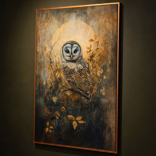 Owl on a Branch Canvas Art with Abstract Moon Background shown in antique gold floating frame