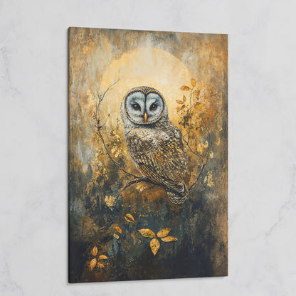 Owl on a Branch Canvas Art with Abstract Moon Background on gallery wrap
