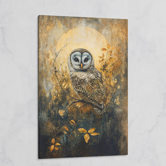 Owl on a Branch Canvas Art with Abstract Moon Background on gallery wrap