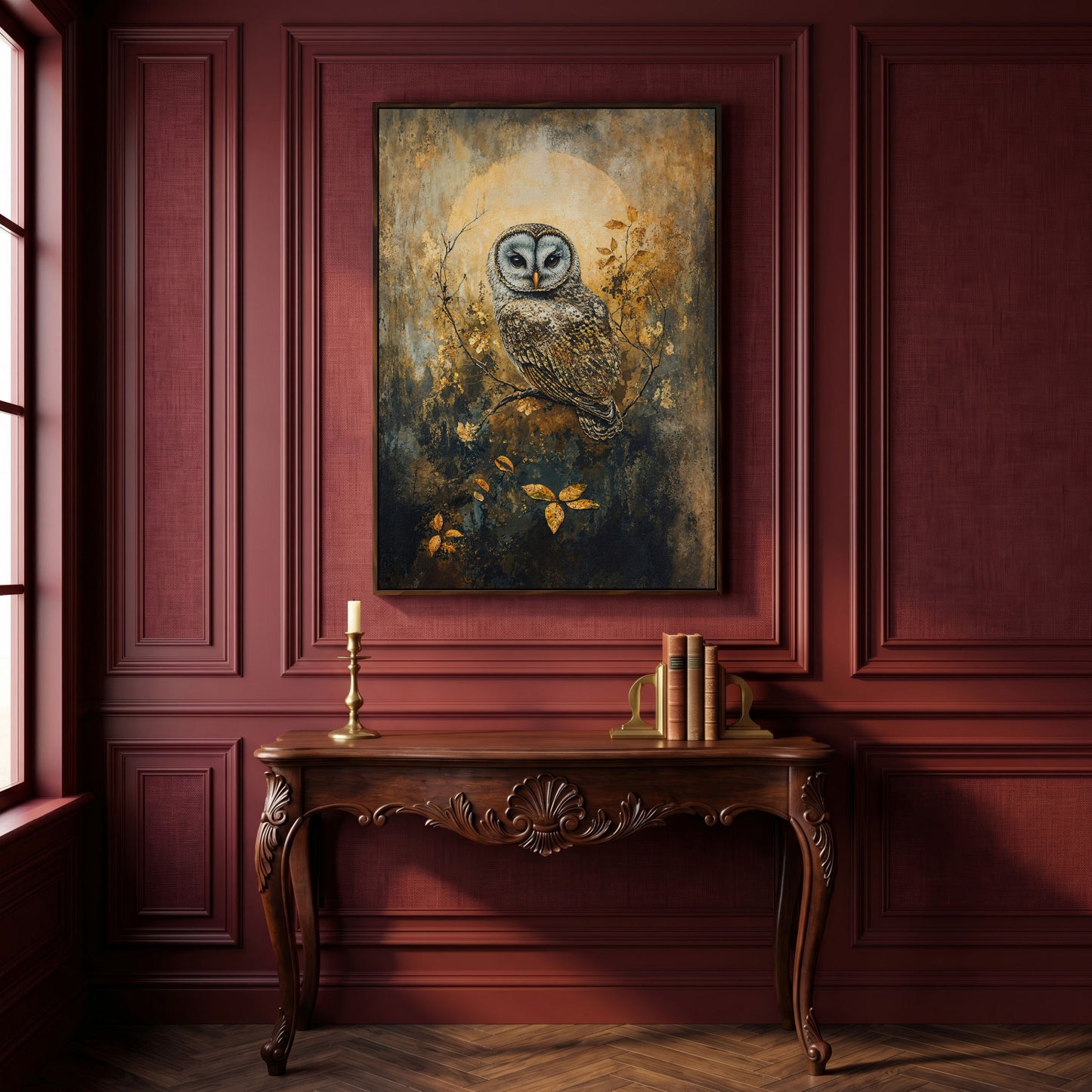 Owl on a Branch Canvas Art with Abstract Moon Background in dark walnut floating frame