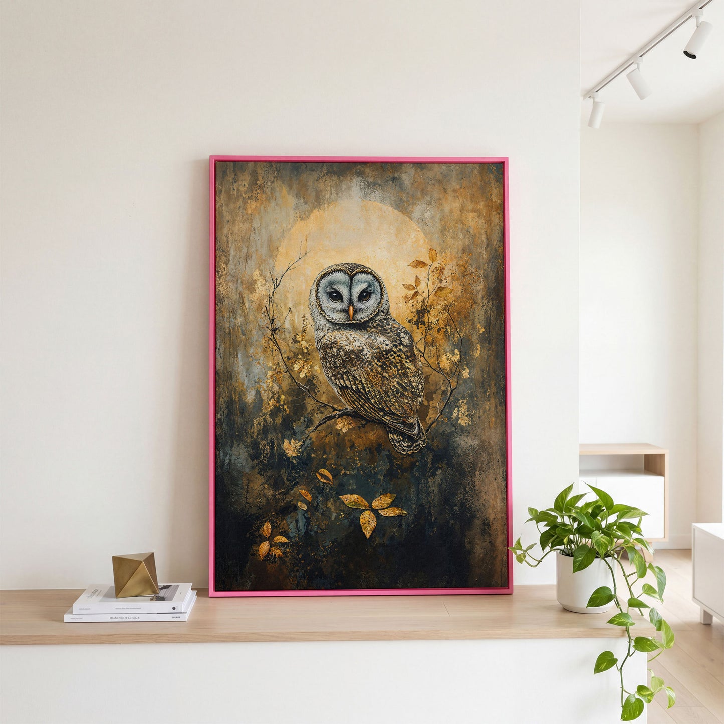 Owl on a Branch Canvas Art with Abstract Moon Background in pink floating frame