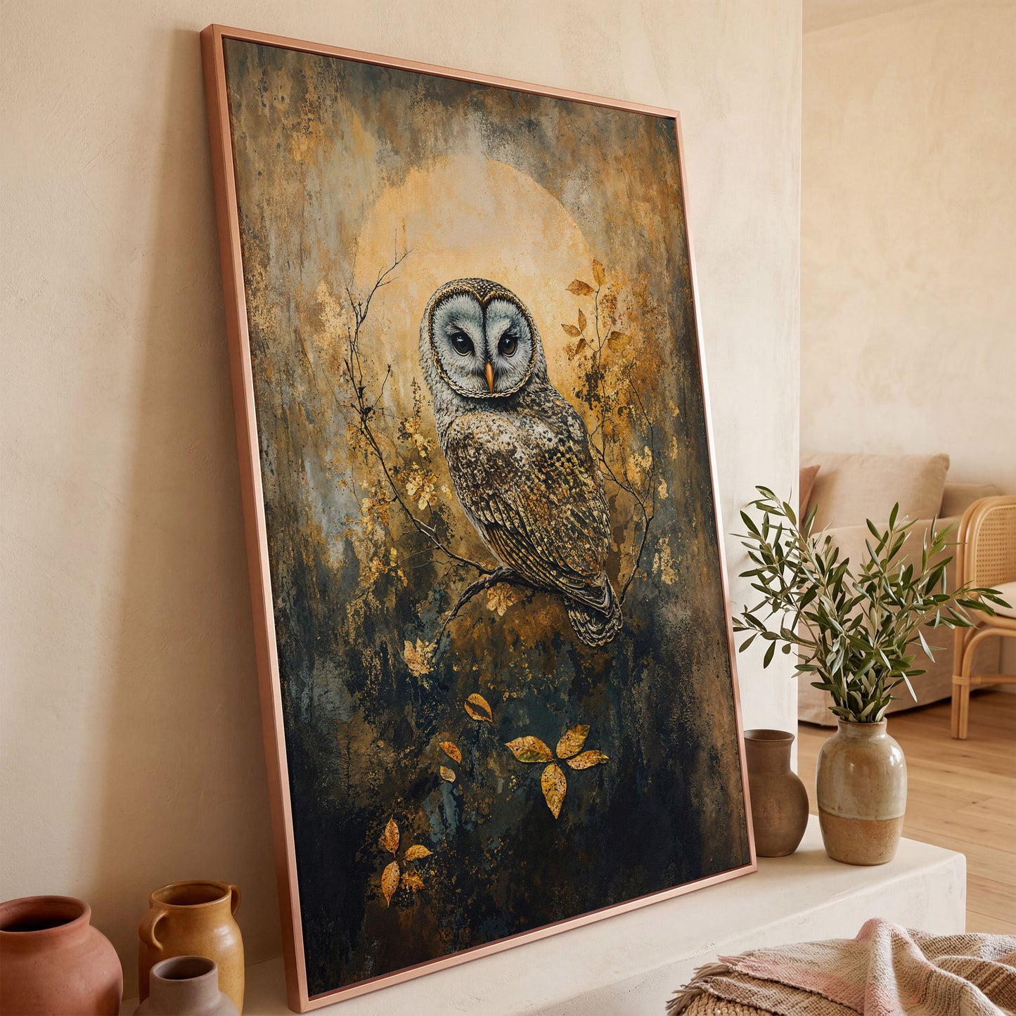 Owl on a Branch Canvas Art with Abstract Moon Background in rose gold floating frame