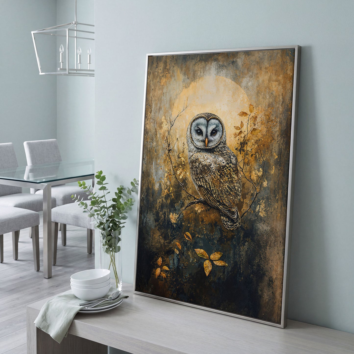 Owl on a Branch Canvas Art with Abstract Moon Background in silver floating frame