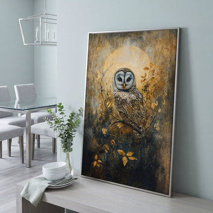 Owl on a Branch Canvas Art with Abstract Moon Background in silver floating frame