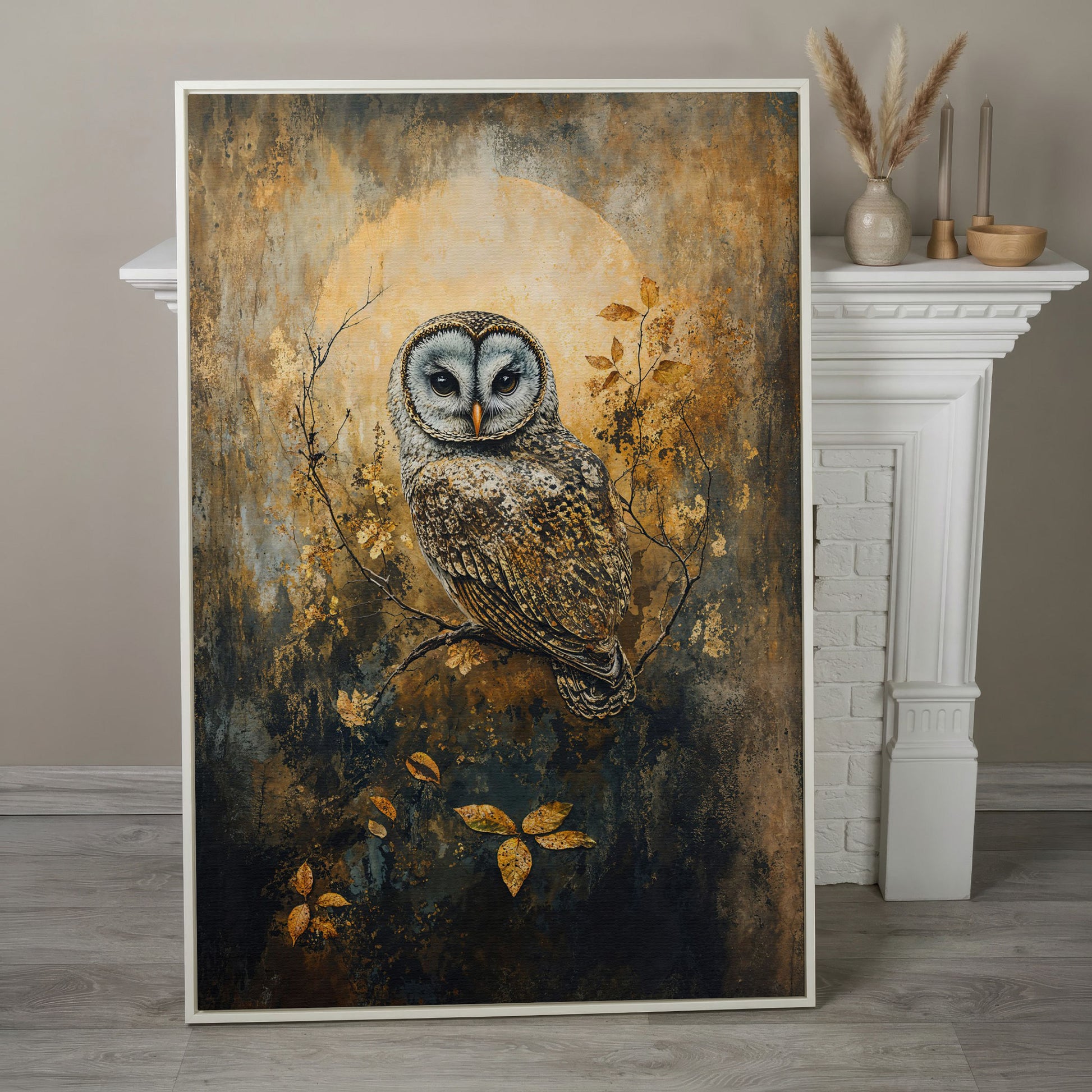 Owl on a Branch Canvas Art with Abstract Moon Background in white floating frame