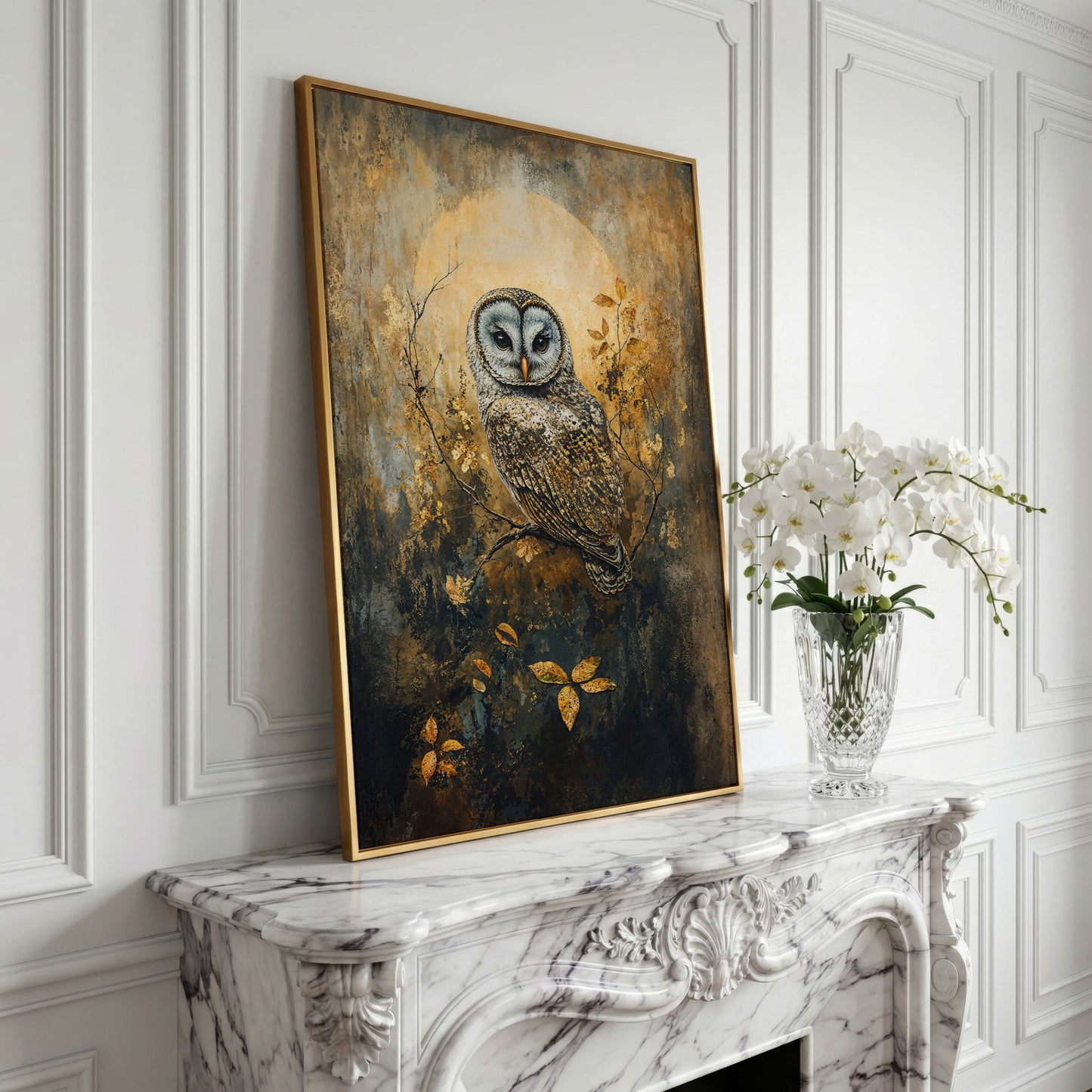 Owl on a Branch Canvas Art with Abstract Moon Background in yellow gold floating frame